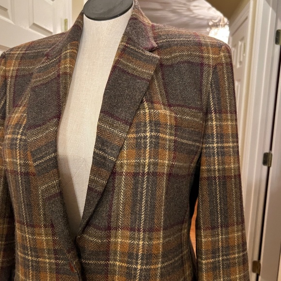 EUC Women's Lauren Ralph Lauren Brown Plaid Wool Blazer Elbow Patches Size 16 - Picture 5 of 8